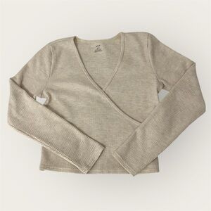 Aerie Waffle Thermal Wrap Long Sleeve Crop Yoga Top Beige Size Small S